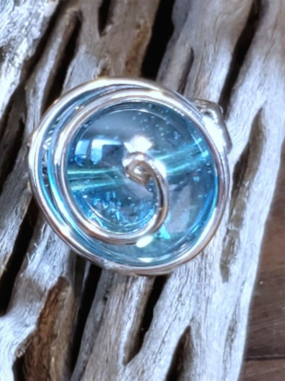 Handcrafted Edgy Turquoise Blue Luster Silver Spiral Luster Glass Bauble Ring
